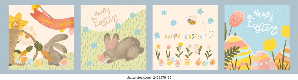 Happy Easter set of vector Easter illustrations. Easter eggs, flowers, rabbit on set. Spring flower illustration. Perfect for a poster, cover, or postcard.