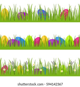 Happy easter! Set of vector seamless decorative borders, dividers and ornaments with Easter eggs, Easter bunnies, hiding in the grass. Design elements.