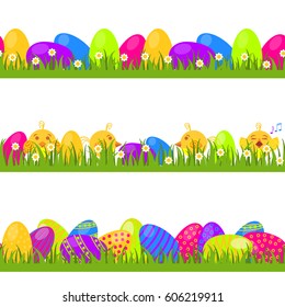 Happy easter! Set of vector seamless decorative borders, dividers and ornaments with Easter eggs, chickens, hiding in the grass. Design elements.