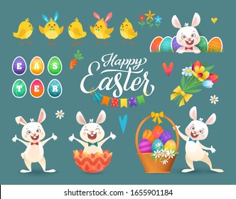 Happy easter set in vector. Sweet rabbits, eggs, chicken, basket, flowers in stylish colors. Concept holiday spring cartoon collection