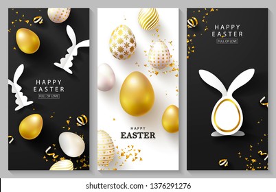 Happy Easter Set of vertical cards.Beautiful Background with golden eggs, paper bunnies and serpentine. Vector illustration for cards,website , posters,ads, coupons, promotional material