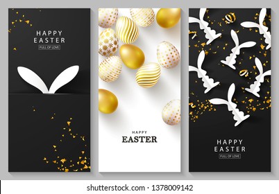 Happy Easter Set of vertical cards.Beautiful Background with golden eggs, paper bunnies and serpentine. Vector illustration for cards,website , posters,ads, coupons, promotional material