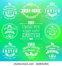 Happy Easter! Set of white typography badges on blurred background. Vector design elements.