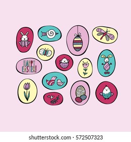 Happy Easter Shapes Hand Drawn Doodle Vector - Cute illustration of easter images - bunny, chick, easter eggs, butterfly, dragonfly, birds, and flowers