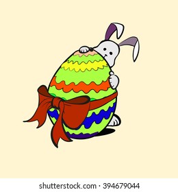 Happy Easter Shy Cartoon Rabbit With Colored Egg With Red Bow And Ribbon  Vector Illustration