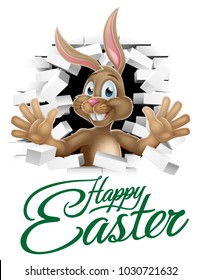 Happy Easter sign with bunny rabbit cartoon character breaking through the background and waving