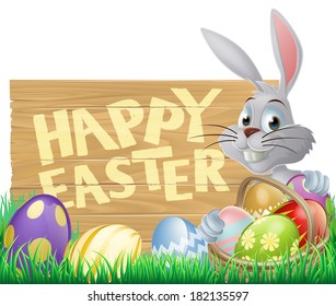 Happy Easter sign with Easter bunny rabbit and Easter eggs