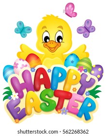 Happy Easter sign with chicken and eggs - eps10 vector illustration.