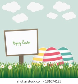 happy easter sign colorful eggs daisy meadow