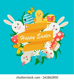 Happy Easter  sign with Easter icons set in flat design style, vector illustration.  With rabbits, eggs, chickens, cake, butterflies, green grass, flowers