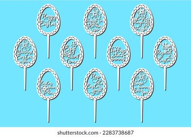 Happy Easter signs cake toppers for laser or milling cut. Cut for decoration design. Happy Easter topper. Holiday greeting. Elegant decoration. Laser cutting. Isolated design element