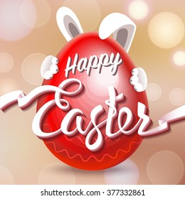 Happy Easter signs on red egg on bokeh lights background, tape letters, rabbit ears and paws, holiday symbol.