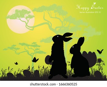 Happy Easter. Silhouette of rabbits, eggs in the meadow, flowers and butterflies Under the sun.