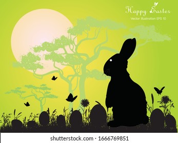 Happy Easter. Silhouette of rabbits, eggs in the meadow, flowers and butterflies Under the sun.
