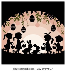 Happy Easter Silhouette Vector with Children, Bunnies, and Easter Eggs	
