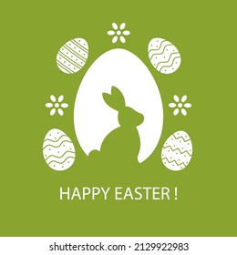 Happy Easter! Silhouettes of rabbit with decorated eggs and spring flowers. Easter greeting card in minimalist design on green background. Vector illustration.