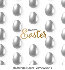 Happy Easter silver eggs pattern with gold lettering text. 3d vector realistic egg objects mockup isolated on white background. For poster, greeting card, banner, flyer, or festive decorations.