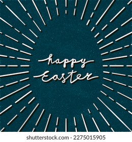Feliz Semana Santa Plata Letras con logotipo caligráfico metálico combinadas con rayas de sol para crear una forma de huevo en blanco concepto creativo - Elementos cromados sobre fondo azul - Diseño de cartón con mano de vectores