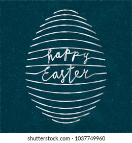 Happy Easter Silver Metallic Style Logo and Egg Shape Created by Repeating Horizontal Lines with Lettering - Silver Elements on Blue Rough Paper Background - Hand Drawn Gradient Design
