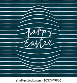 Happy Easter Silver Metallic Style Logo Lettering with Egg Shape Created by Repeating Horizontal Lines - Glossy Silver Elements on Blue Rough Paper Background - Hand Drawn Gradient Design