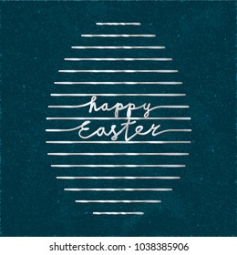 Happy Easter Silver Metallic Style Logo and Flat Egg Shape Created by Repeating Horizontal Lines with Lettering - Silver Elements on Blue Rough Paper Background - Hand Drawn Gradient Design