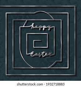 Happy Easter Silver Metallic Style Logo with Egg Shape Combined with Square Spiral Maze and Lettering - Chrome on Dark Decorative Plaster Background - Hand Drawn Doodle Design