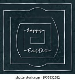 Happy Easter Silver Metallic Style Logo as Egg Shape Combined with Square Spiral Maze and Lettering - Chrome on Black Decorative Plaster Background - Hand Drawn Doodle Design