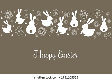 Happy Easter. Simple card with bunnies and flowers. Vector