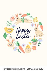 Happy Easter simple card with Bunnies, chickens and eggs. Happy Easter hand drawn Round Frame. Flat illustration with partial outline. Vector illustration.