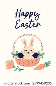 Happy Easter simple card with bunny in basket. Design with text on light beige background. Happy Easter hand drawn card. Flat illustration with partial outline. Vector illustration.