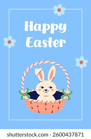 Happy Easter simple card with bunny in basket. Design with text on blue background. Happy Easter hand drawn card. Flat illustration with partial outline. Vector illustration.