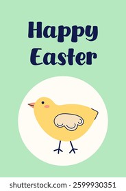 Happy Easter simple card with chicken. Design with text on green background. Happy Easter hand drawn card. Flat illustration with partial outline. Vector illustration.