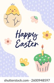 Happy Easter simple card with chicken, kulich and flower. Design with text on beige and purple background. Happy Easter hand drawn card. Flat illustration with partial outline. Vector illustration.