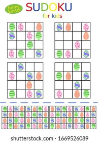 Happy Easter simple childish sudoku puzzles with funny colored eggs. Set of 4 bright four by four children games. Vertical vector logic riddles for kids in school and kindergarten.   One of a series. 