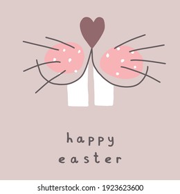 Happy Easter. Simple Easter Holidays Vector Card. Cute Bunny Isolated on a Dusty Pink Background. Lovely Hand Drawn Print with Funny Rabbit Face.