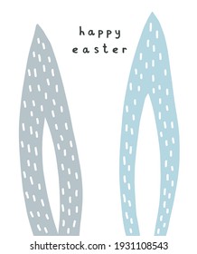 Happy Easter. Simple Easter Holidays Vector Card. Cute Blue Long Rabbit Ears Isolated on a White Background. Lovely Hand Drawn Print with Funny Bunny Ears.