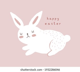 Happy Easter. Simple Easter Holidays Vector Card. Cute Hand Drawn Bunny Isolated on a Pastel Pink Background. Lovely Easter Print with White Slipping Rabbit.