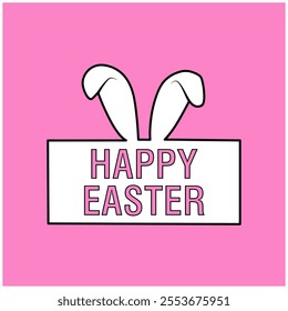 Happy Easter: simple and minimal square poster for greeting card or invitation. Flat vector illustration with rabbit ears.