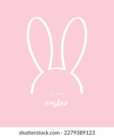Happy Easter. Simple Minimalist Easter Holidays Vector Card. Cute White Long Rabbit Ears Isolated on a White Pastel Pink Drawn Print with Funny Bunny Ears and Easter Wishes.