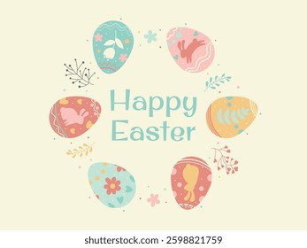 Happy Easter simple poster with colored eggs and branches, pastel colored postcard