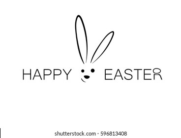 Happy easter  simple , thin lettering with a rabbit and an egg on the top of the letter R isolated on white background.