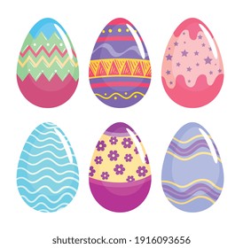 happy easter six eggs painted set icons vector illustration design