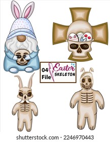 happy easter skeleton with gnome skull vector illustration set