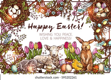Happy Easter Sketch Background With Greeting. Hand Drawn Frame Made With Animals, Flowers, Wreaths And Nests. Holy Easter Card