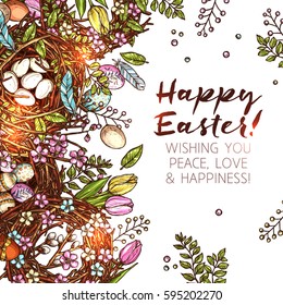 Happy Easter Sketch Background With Greeting. Hand Drawn Concept Made With Flowers, Eggs, Wreaths And Nests. Holy Easter Card