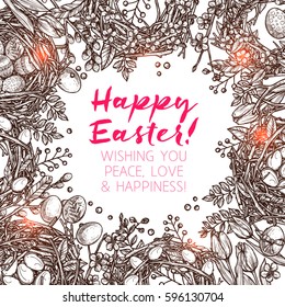 Happy Easter Sketch Background With Greeting. Hand Drawn Frame Made With Flowers, Wreaths, Eggs And Nests. Holy Easter Card