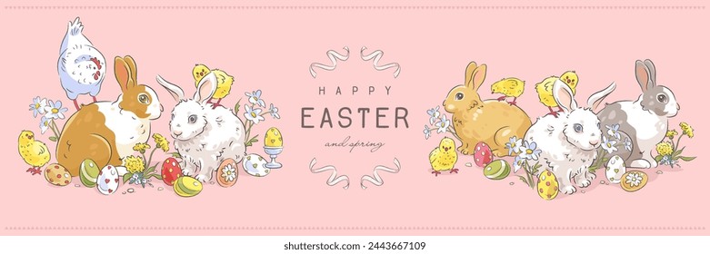 Happy easter sketch cartoon banner with easter bunny, easter eggs, chicken and flowers isolated on pink background. Vector illustration