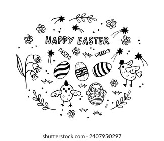 Happy Easter sketch doodle hand drawn vector illustration. Spring background card design with chickens, plants, stars,dyed eggs, festive motif. For congratulation, print, paper, poster, template, web