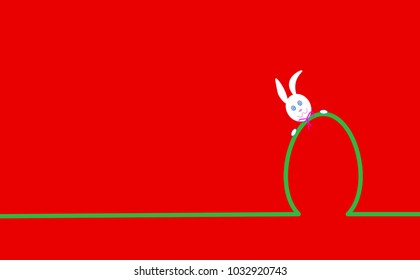 Happy Easter Skyline Rabbit and Egg, flat design, outline drawing Easter Bunny greeting card, vector isolated or red background