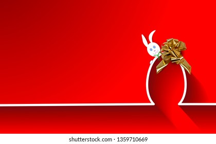 Happy Easter Skyline Rabbit and Egg, flat design, outline drawing Easter Bunny with gold bow ribbon greeting card, vector isolated or red background